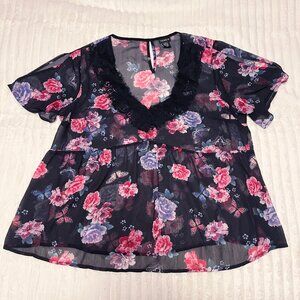 Torrid Black Pink Flowers Boho Cottage Core Lace Crinkle Butterfly Fairy Size 00